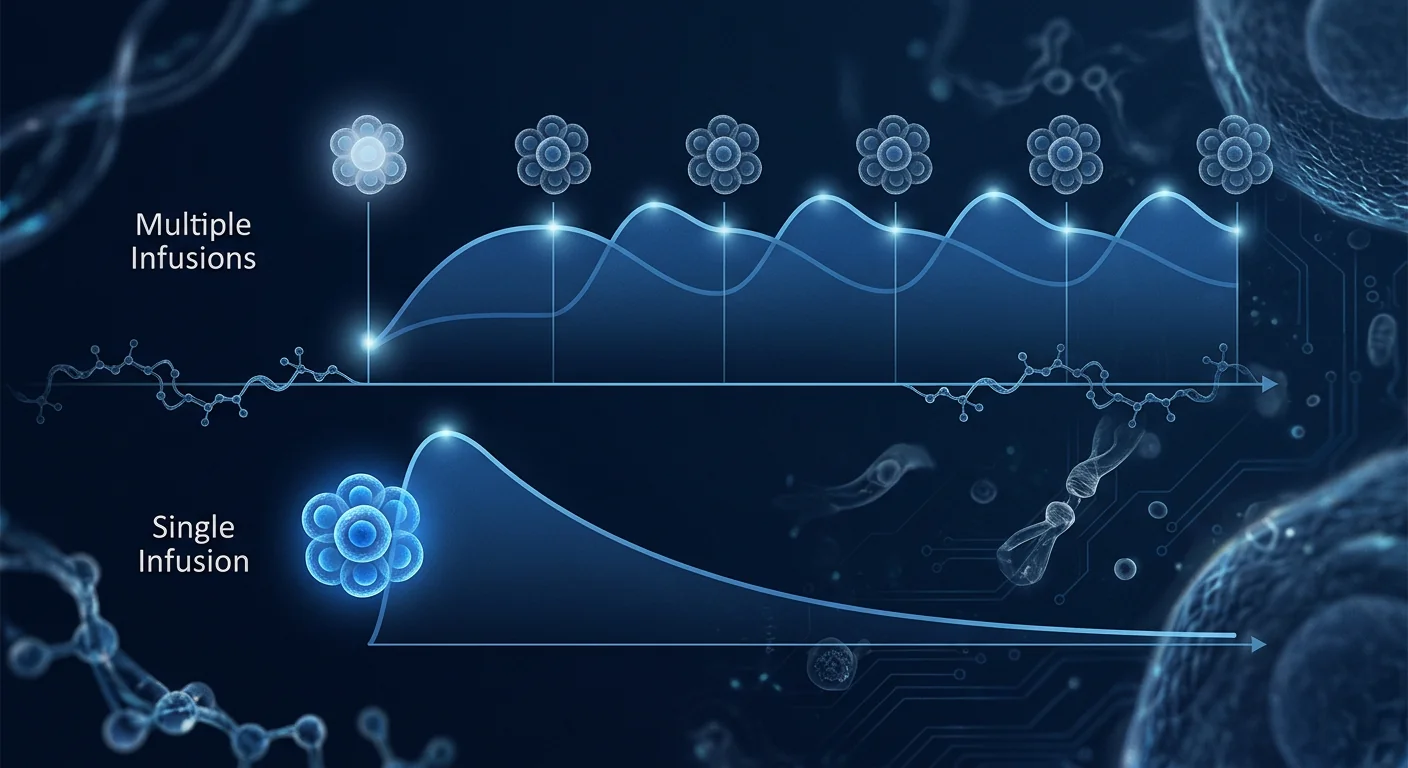 Scientific visualization comparing repeat dosing and single infusion MSC treatment strategies — frequency vs one-time therapeutic effect duration