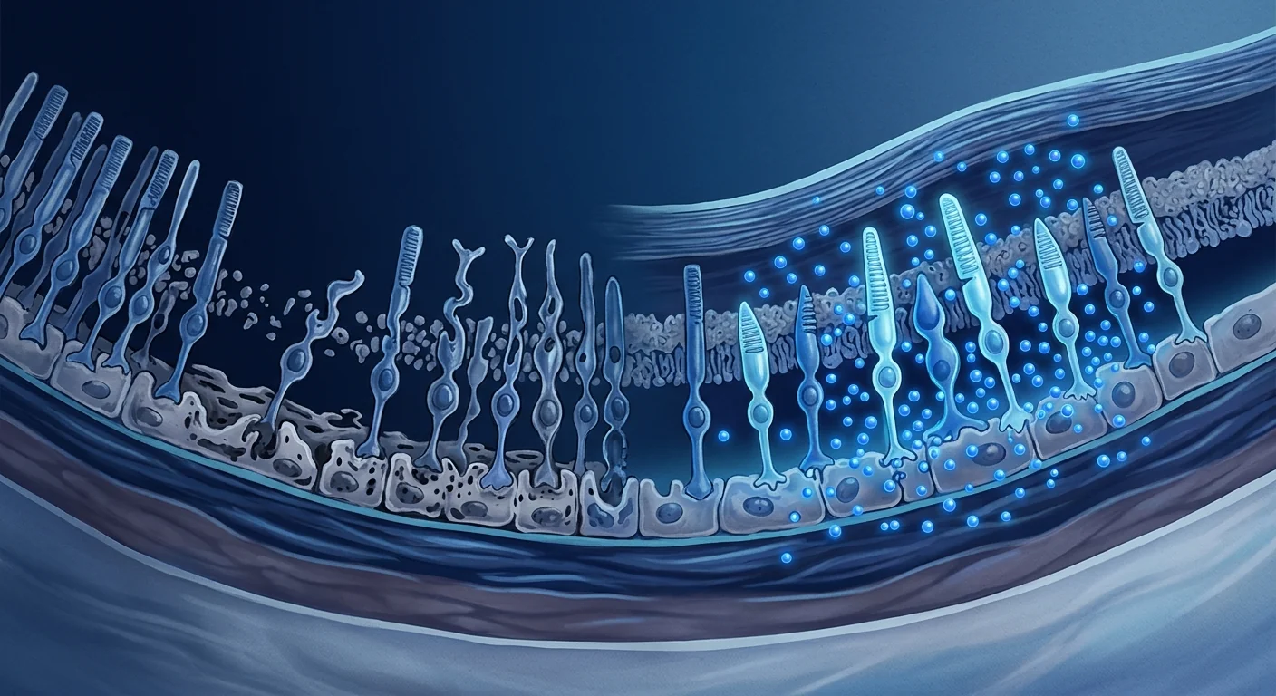 Cross-section of human retina with photoreceptor degeneration — MSC neuroprotection concept for retinitis pigmentosa