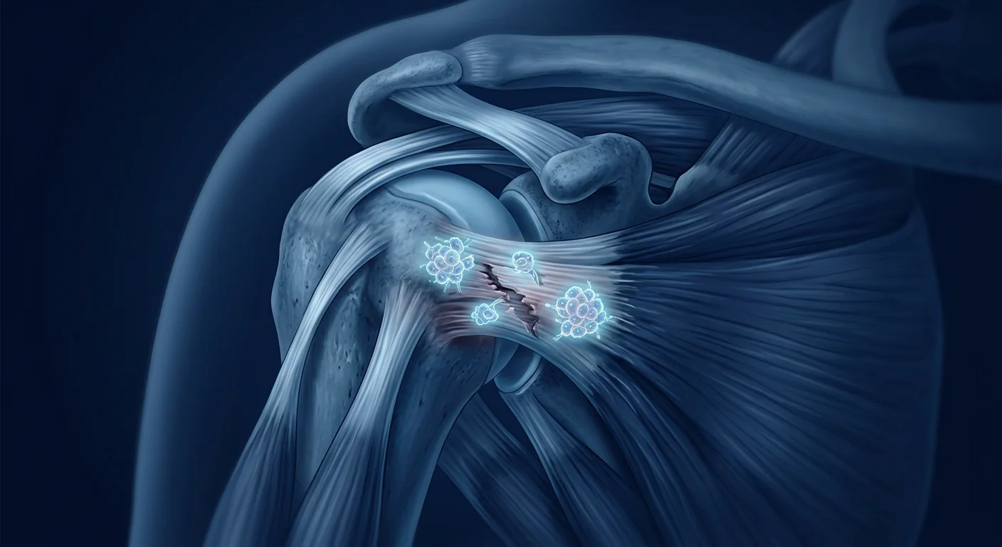 Scientific illustration of the four rotator cuff tendons showing cellular regeneration at a partial tear site