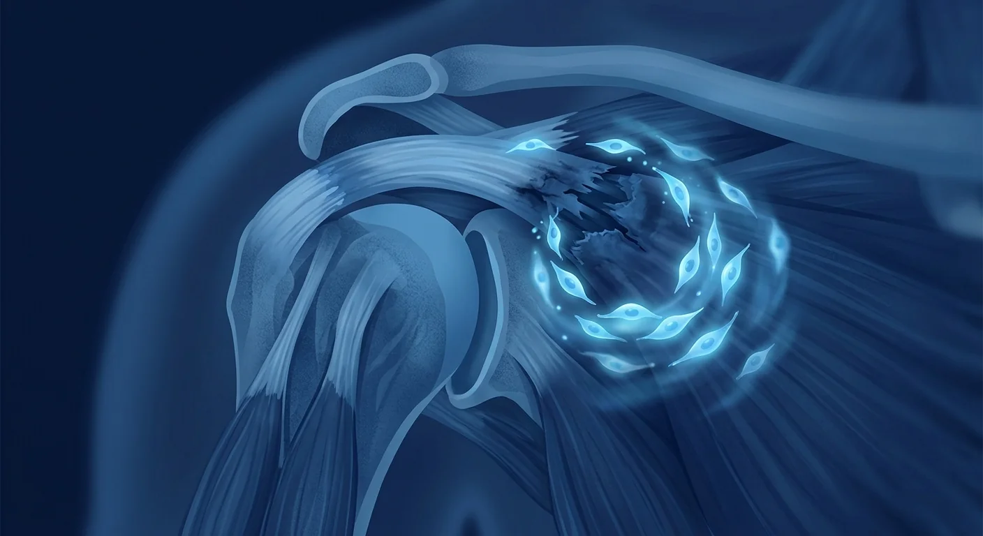 Scientific medical illustration of mesenchymal stem cells targeting an injured rotator cuff tendon in the shoulder