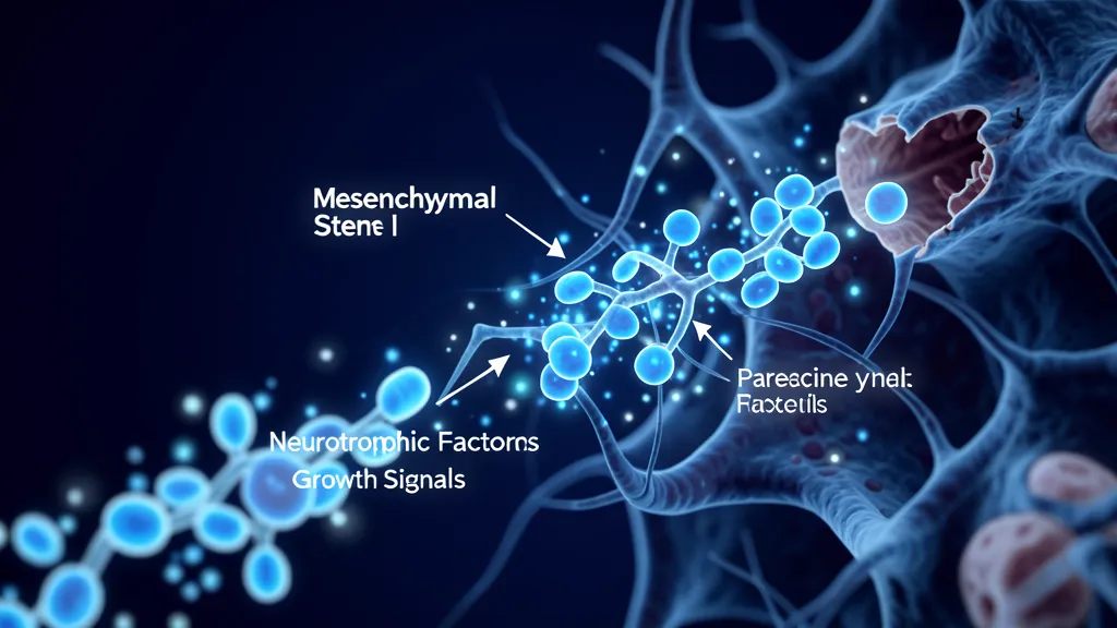 Illustration of stem cells migrating toward injured neural tissue and releasing neurotrophic factors