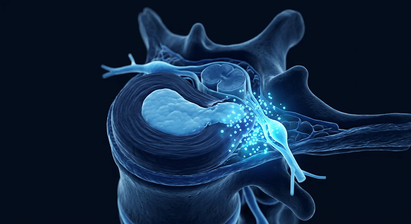 Cross-section of herniated intervertebral disc compressing nerve root with inflammatory cytokine activity at compression site