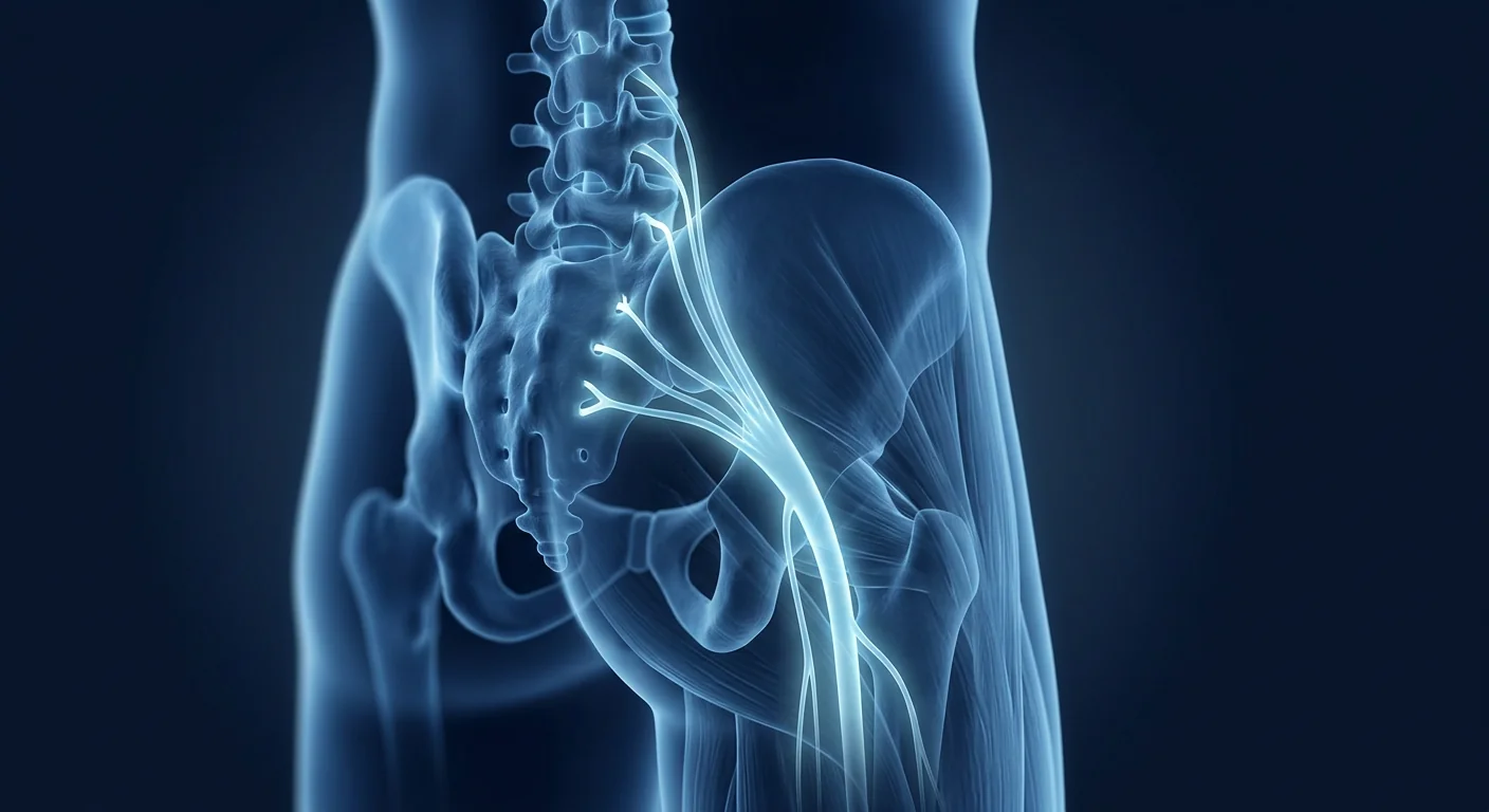 3D medical illustration of lumbar spine with sciatic nerve pathway from L4 to S3 radiating down the leg