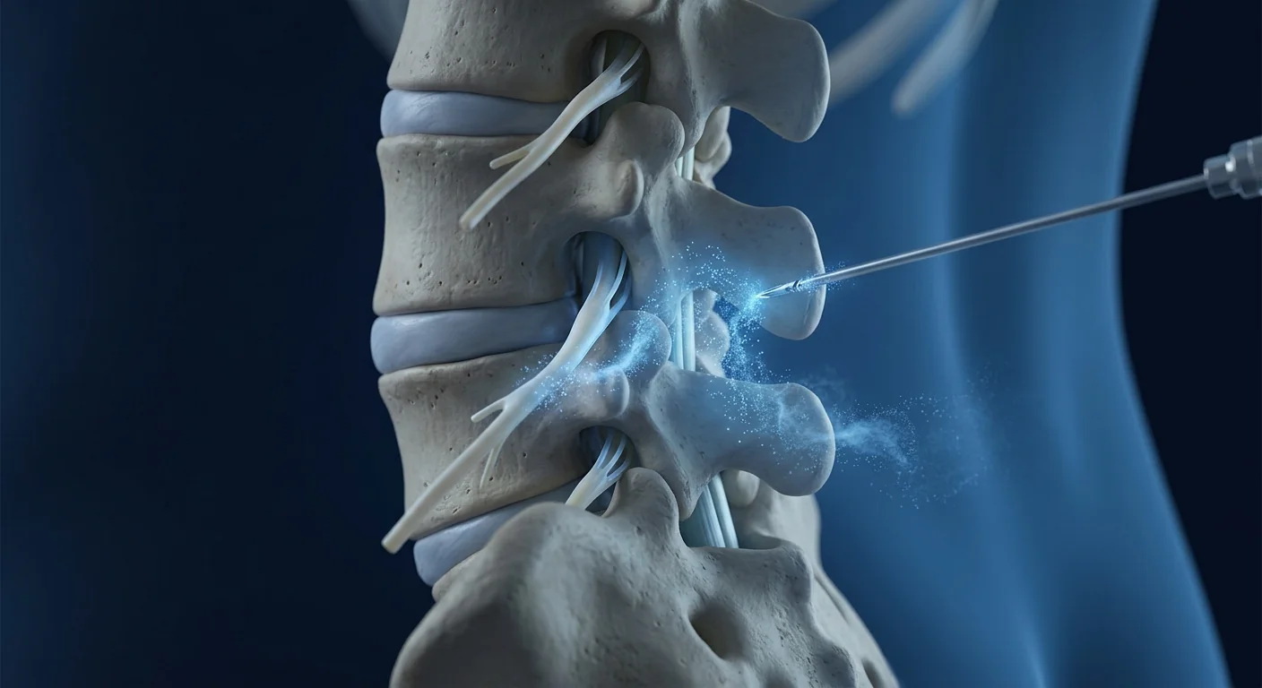 Fluoroscopy-guided transforaminal epidural injection delivering MSC therapy to nerve root with glowing cellular particles