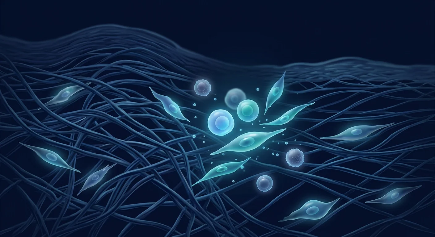 Scientific medical illustration of mesenchymal stem cells modulating dermal fibrosis in scleroderma — cellular therapy for systemic sclerosis