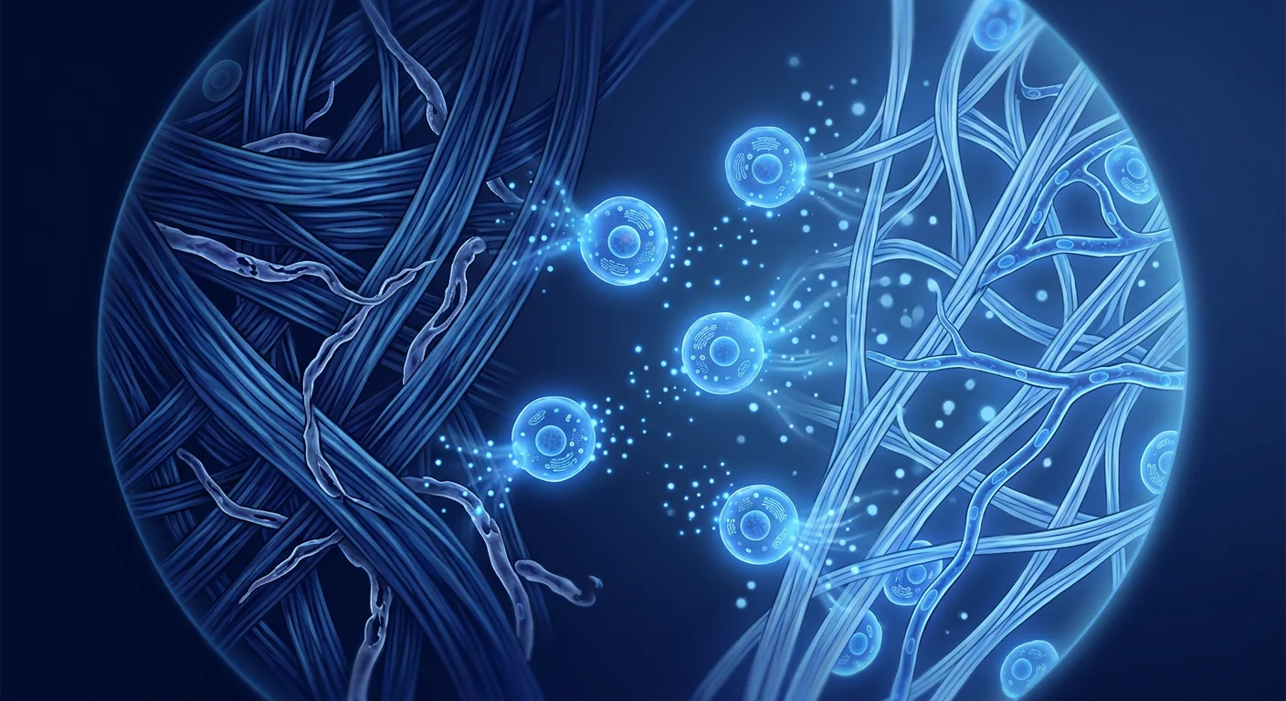Scientific illustration of scleroderma tissue fibrosis showing thickened collagen bundles and reduced capillary density, with MSC paracrine signaling restoring vascular and tissue architecture