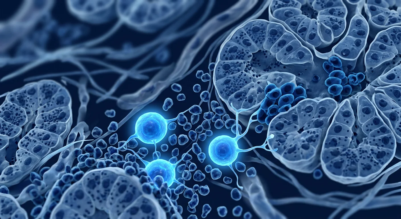 Scientific illustration of mesenchymal stem cells supporting salivary gland tissue regeneration in Sjögren's syndrome