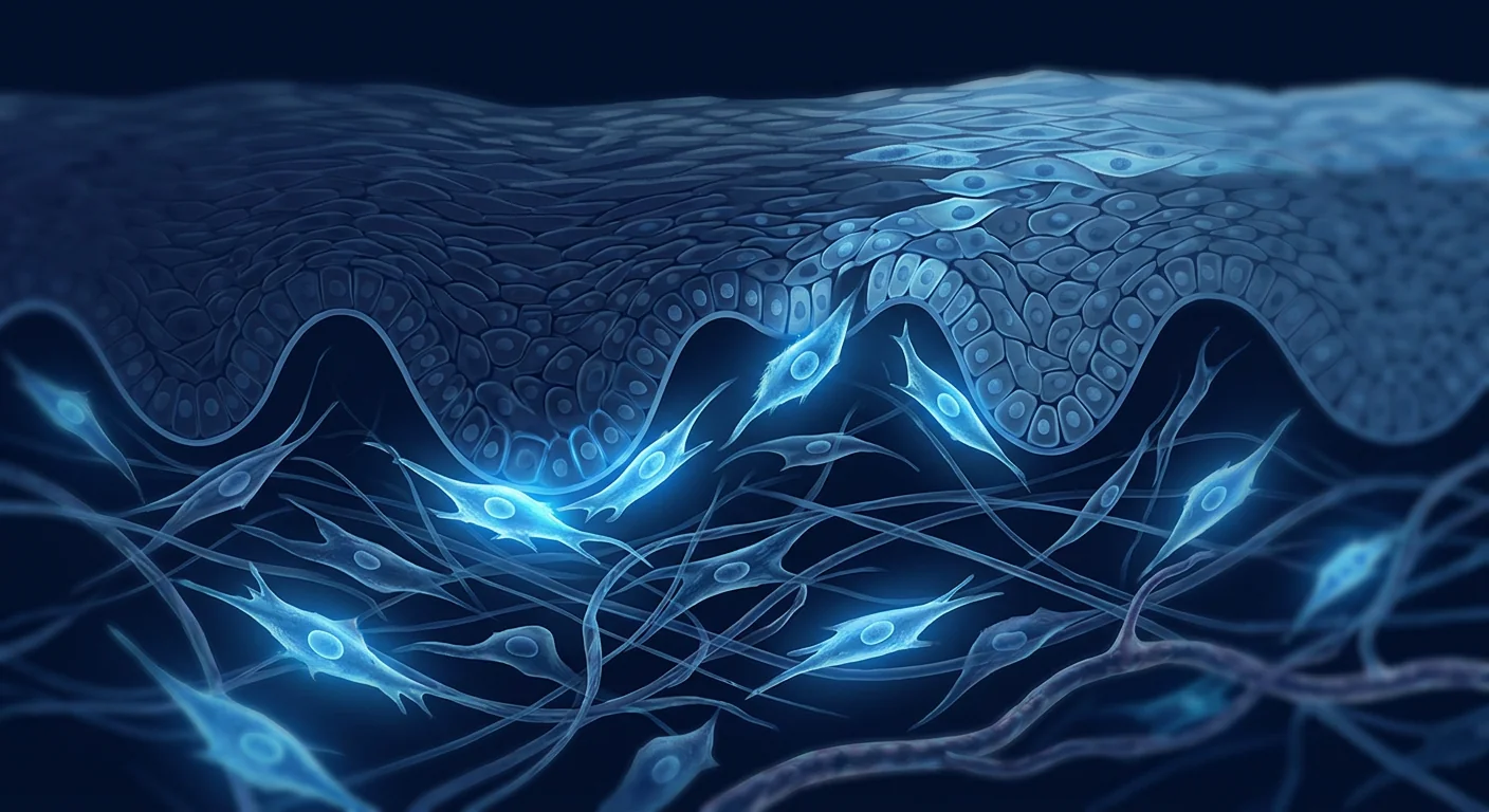 Scientific illustration of MSC-mediated dermal regeneration showing fibroblast activation and collagen remodeling