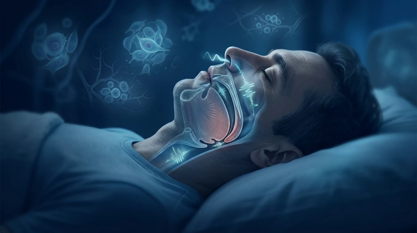 Scientific visualization of obstructive sleep apnea with upper airway collapse and intermittent hypoxia, mesenchymal stem cells delivering anti-inflammatory and endothelial repair signals — sleep apnea regenerative medicine concept