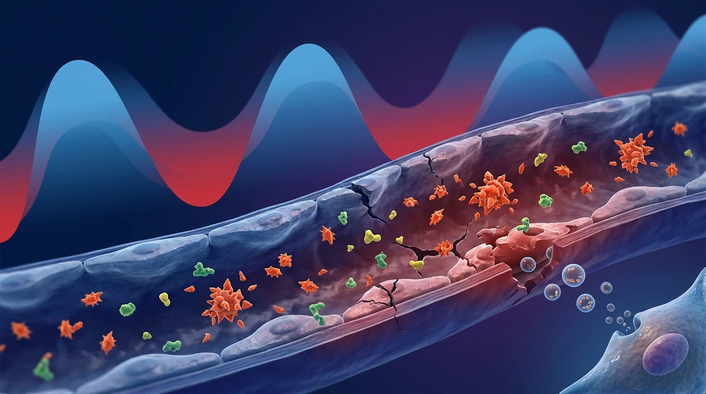 Microscopic visualization of vascular endothelium exposed to intermittent hypoxia in obstructive sleep apnea, showing oxidative stress and inflammatory damage with MSC paracrine vesicles supporting repair