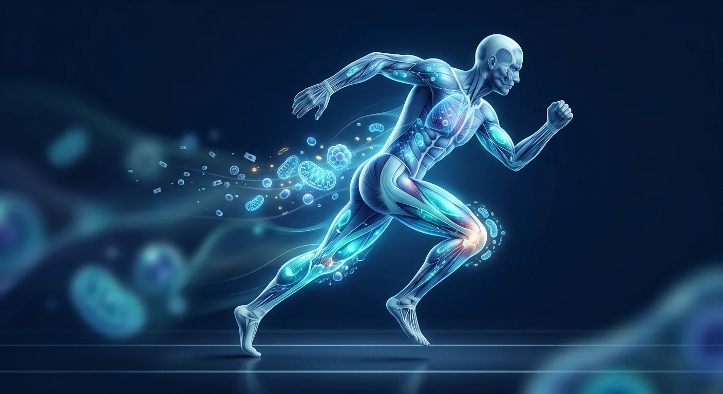 Scientific medical illustration of stem cell therapy for athletic performance optimization, showing cellular regeneration and enhanced mitochondrial function