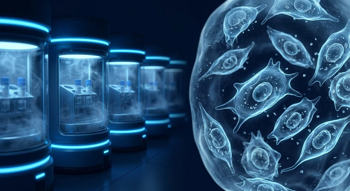 Scientific visualization of stem cell banking — cryopreserved mesenchymal stem cells in suspended animation within a futuristic biobank