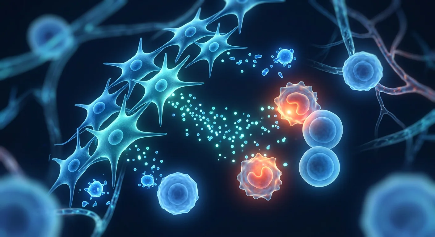 Scientific medical illustration of stem cell therapy targeting injured tendon and muscle tissue in an athlete