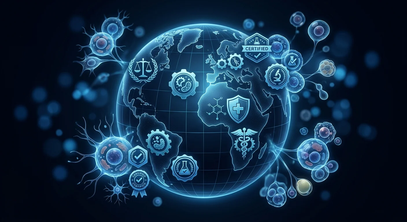 Scientific illustration of worldwide stem cell therapy regulations — a globe with regulatory symbols and cellular elements in deep navy and clinical blue palette