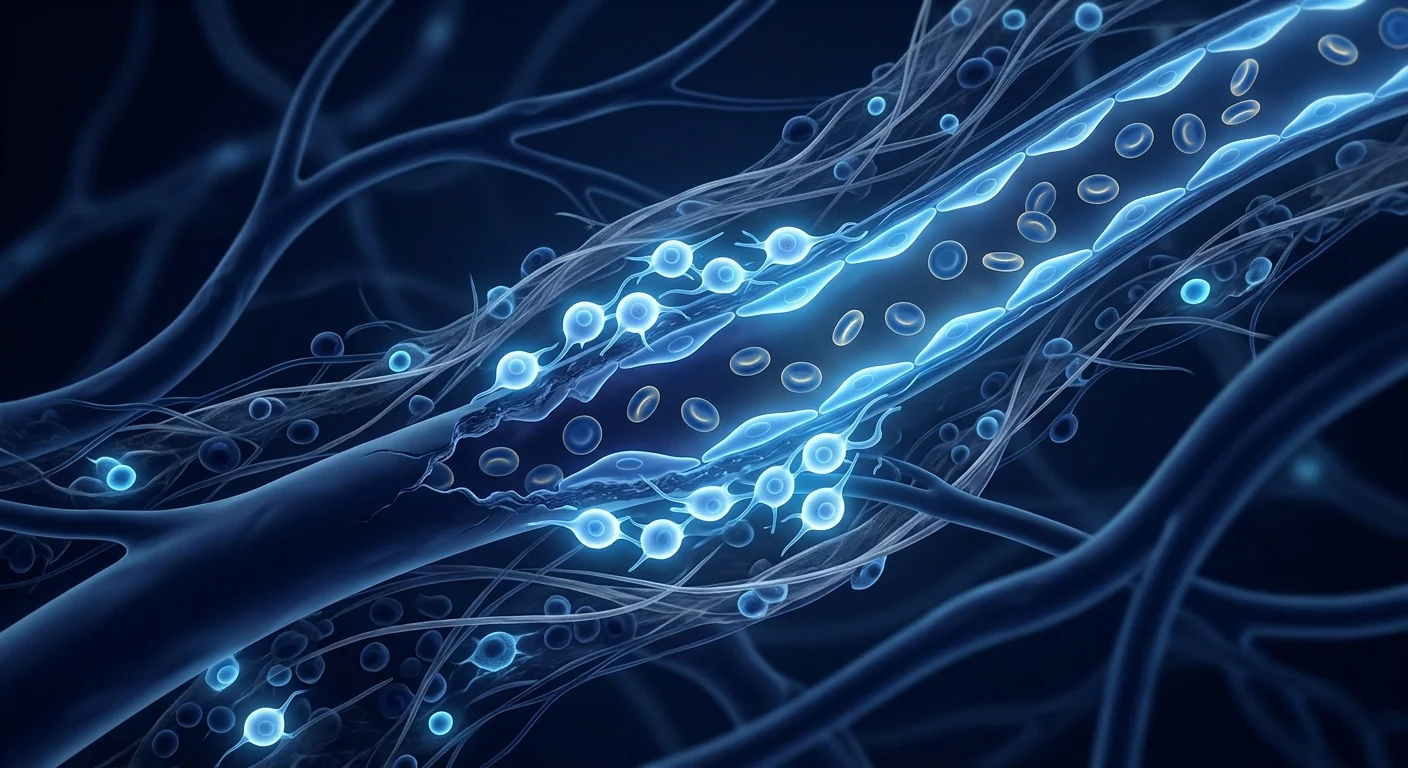 Scientific medical illustration of stem cell therapy targeting injured tendon and muscle tissue in an athlete