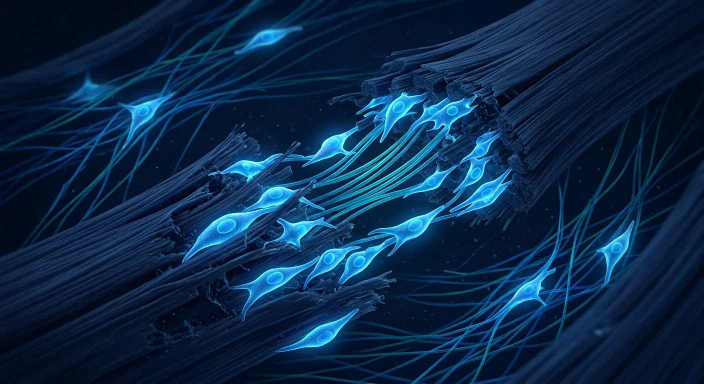 Scientific medical illustration of stem cell therapy targeting injured tendon and muscle tissue in an athlete