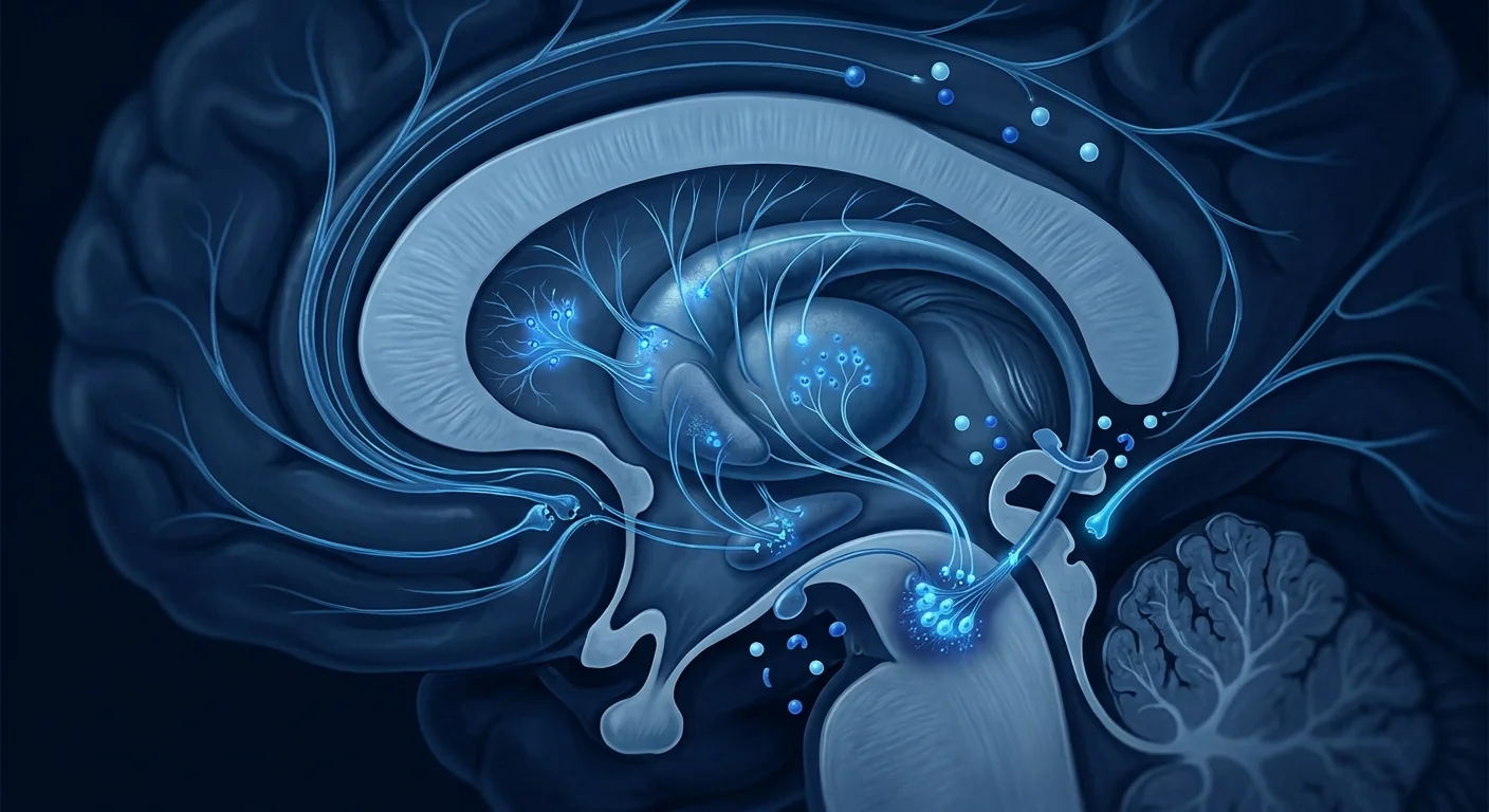 Scientific medical illustration of the striatum and basal-ganglia movement circuitry in tardive dyskinesia