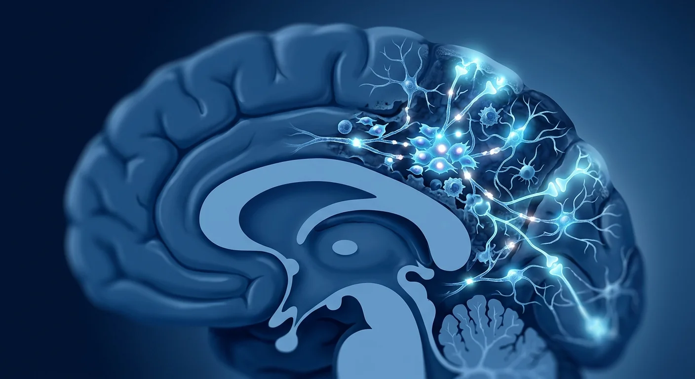 Scientific illustration of neural repair after traumatic brain injury showing MSC-mediated neuroregeneration