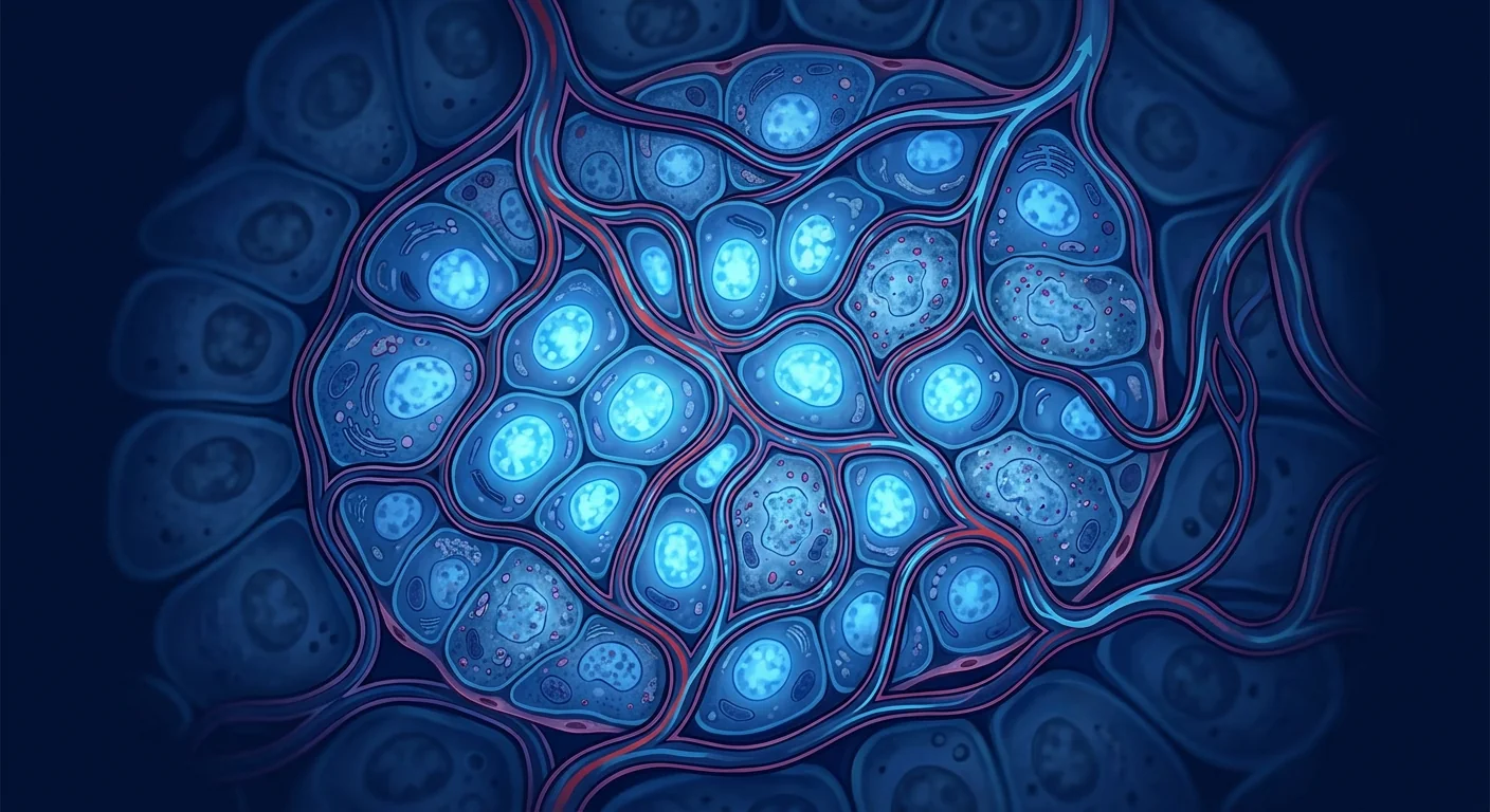 Cross-section of a pancreatic islet of Langerhans — beta cells and capillary network in type 1 diabetes