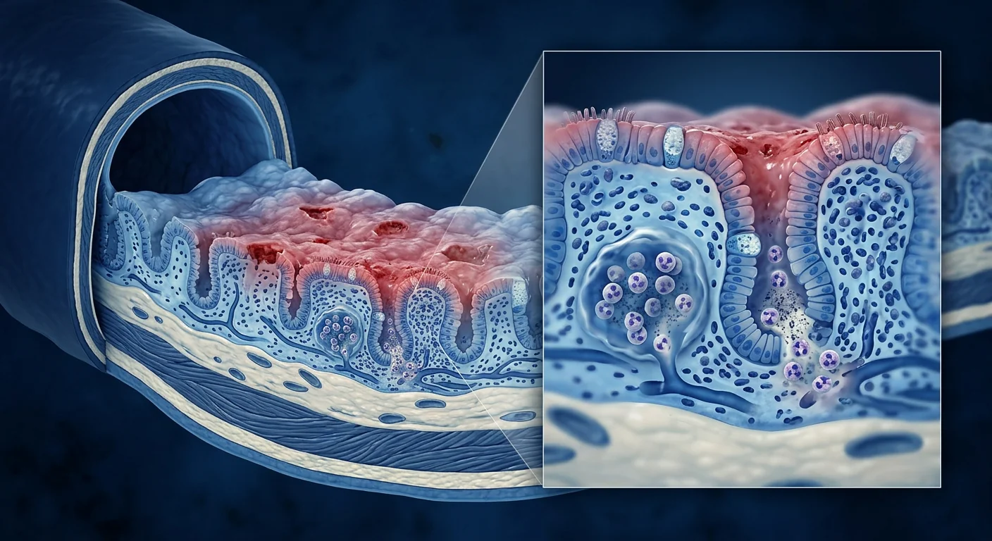 Microscopic illustration of ulcerative colitis colon mucosal inflammation and crypt architecture — stem cell research context