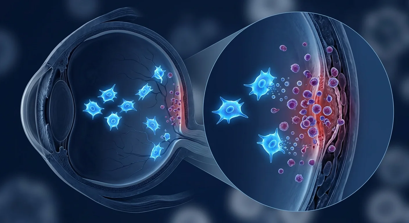 Scientific illustration of mesenchymal stem cells reducing intraocular inflammation in autoimmune uveitis — MSC immunomodulation protecting retinal tissue