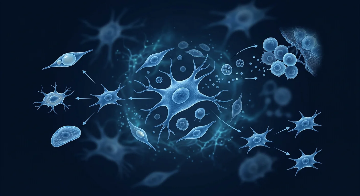 Cinematic visualization of glowing mesenchymal stem cells under microscopy